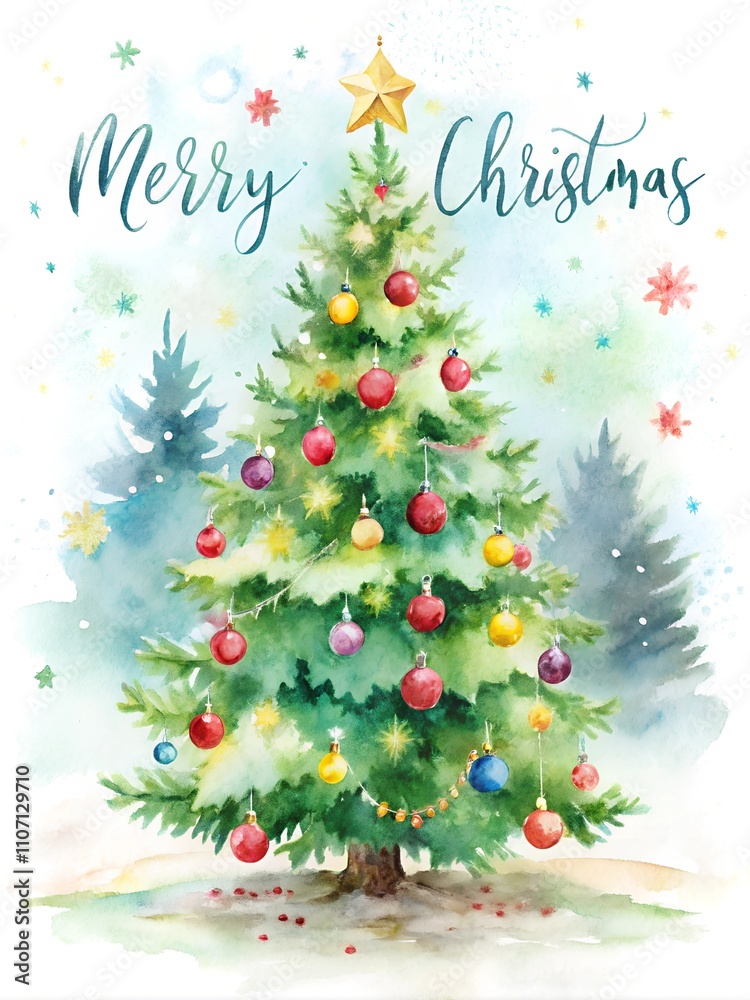 Watercolor Christmas Tree with Merry Christmas Text Watercolor Christmas Tree with Merry Christmas Text