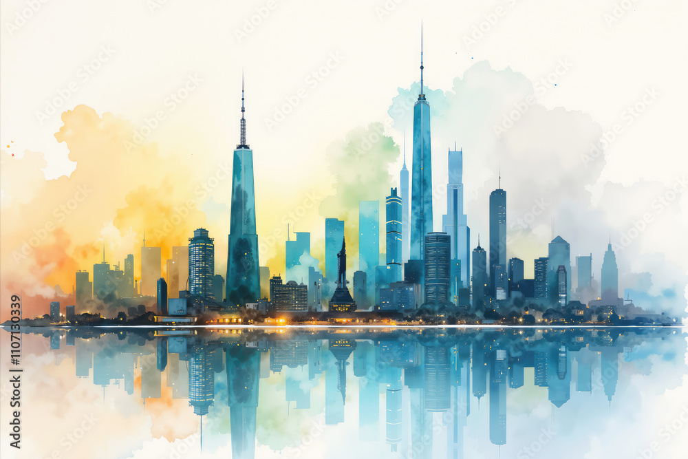 Obraz premium New york city skyline reflecting in water with colorful watercolor painting effect
