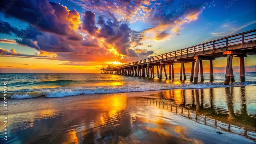 Fototapeta premium Stunning Product Photography of a Serene Beach Pier at Sunset, Capturing the Tranquility and Beauty of Coastal Landscapes and Inviting Summer Vibes for Your Portfolio