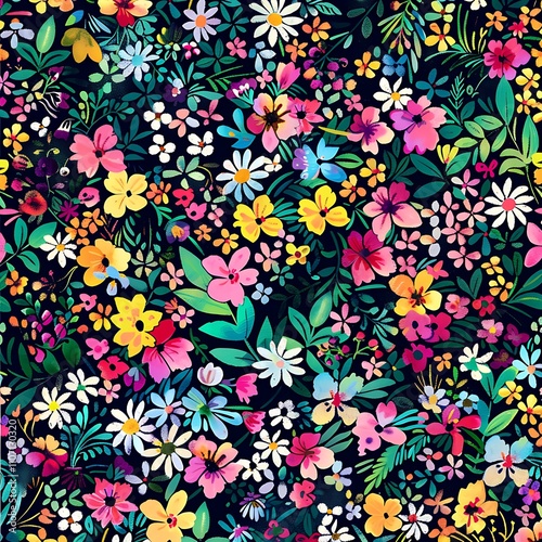 A vibrant all-over pattern of small flowers and foliage in a spectrum of colors, adding a fun and lively touch to the design. 8k UHD, suitable for high-quality printing or digital display. 