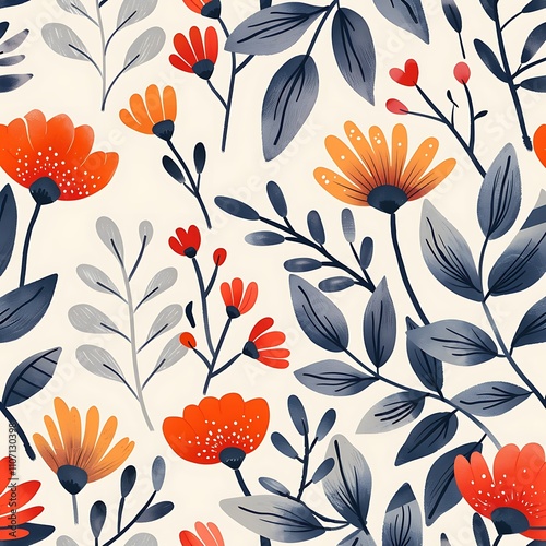 A whimsical pattern with petite floral elements and vibrant leaves in contrasting colors, forming a balanced and joyful composition. 8k UHD, suitable for high-quality printing or digital display.  photo