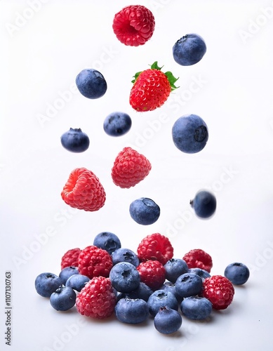 Falling berries of raspberries and blueberries on a white background photo