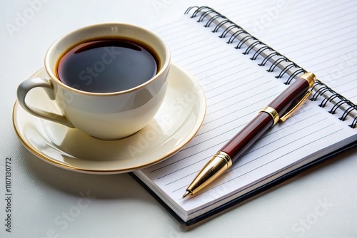 A serene workspace featuring a coffee cup, a notebook, and a pen against a minimalist background, designed to inspire and enhance productive writing sessions.