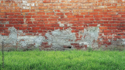 Weathered red brick wall with varying tones and green grass below