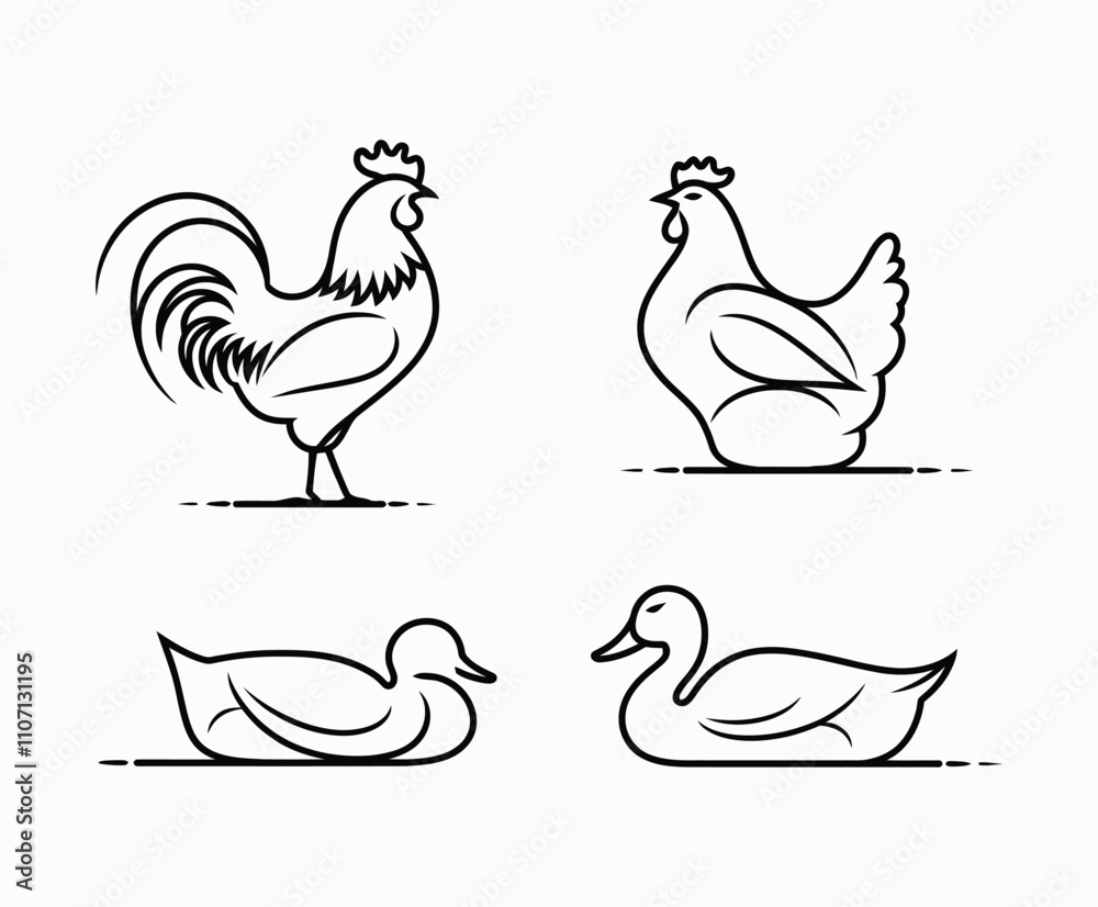 Simple Line Poultry Silhouette Collection Vector Template Simple Line Poultry Silhouette Collection Vector Template