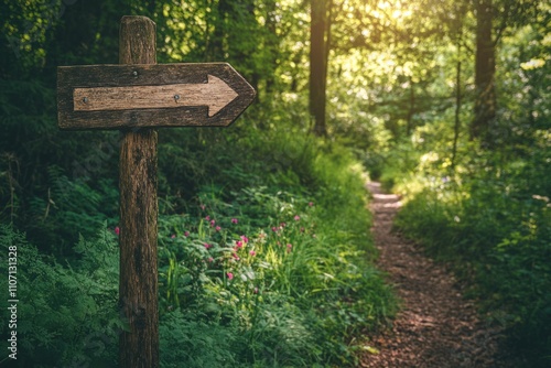 A wooden sign points the way along a forest path. Light filters through lush green leaves. A tranquil scene for nature lovers and hikers alike. Generative AI