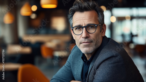 Middle-aged man with glasses sitting in a modern cafe with blurred background, wearing a gray suit and looking at the camera.