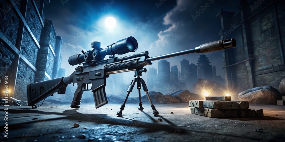 Fototapeta premium A sniper rifle equipped with a scope and microphone captures a detailed low-light action shot in a combat zone, highlighting tactical gear and stealth technology.