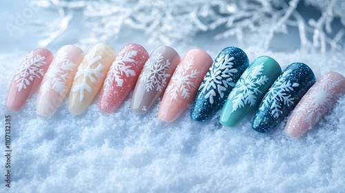 A set of winter-themed nails with snowflake designs