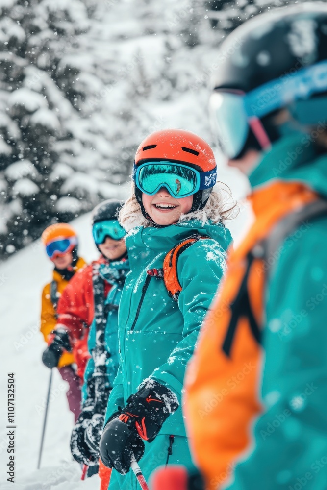Children Skiing on Snowy Slope with Ski Instructor, Vibrant Winter Clothing, Joyful Expressions