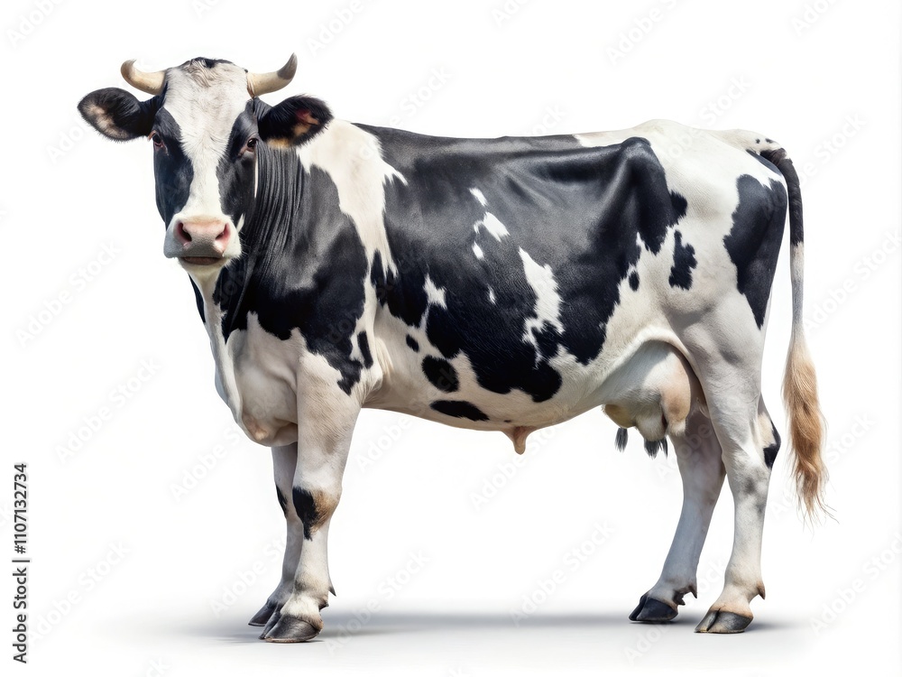 A striking black-and-white cow stands out against a white background, captured uniquely in close-up, blending artistic flair with the raw essence of farm life. A striking black-and-white cow stands out against a white background, captured uniquely in close-up, blending artistic flair with the raw essence of farm life.