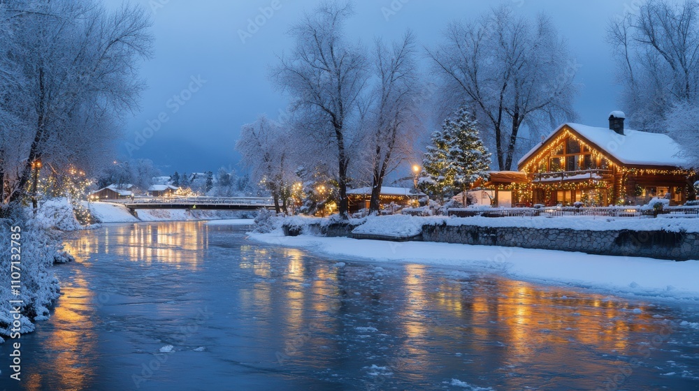 Peaceful Winter Evening by the River with Snow-Covered Trees and Warmly-Lit Cabin in a Charming Town Scene Under a Clear Blue Sky Peaceful Winter Evening by the River with Snow-Covered Trees and Warmly-Lit Cabin in a Charming Town Scene Under a Clear Blue Sky