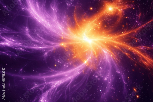 Abstract glowing galaxy texture, dynamic purple and orange starbursts with swirling patterns, cosmic and bold