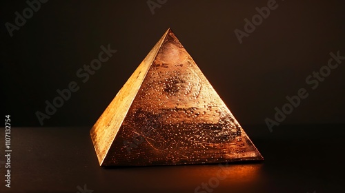 Rough copper pyramid reflecting light on a black background.