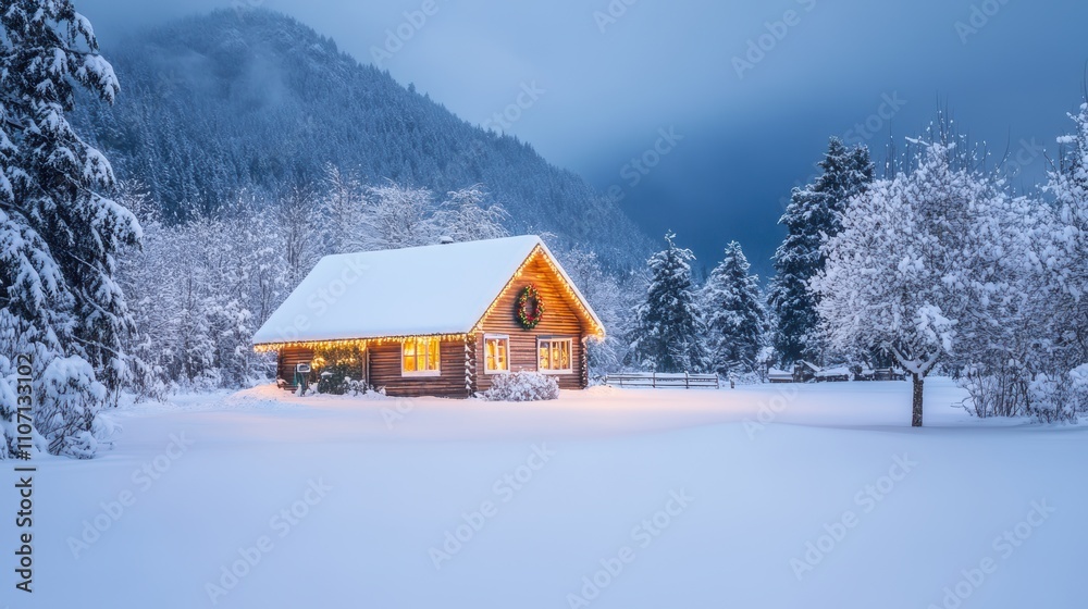Cozy winter cabin scene illuminated by warm lights, surrounded by fresh snow and evergreen trees in a tranquil, snowy landscape during twilight hours Cozy winter cabin scene illuminated by warm lights, surrounded by fresh snow and evergreen trees in a tranquil, snowy landscape during twilight hours