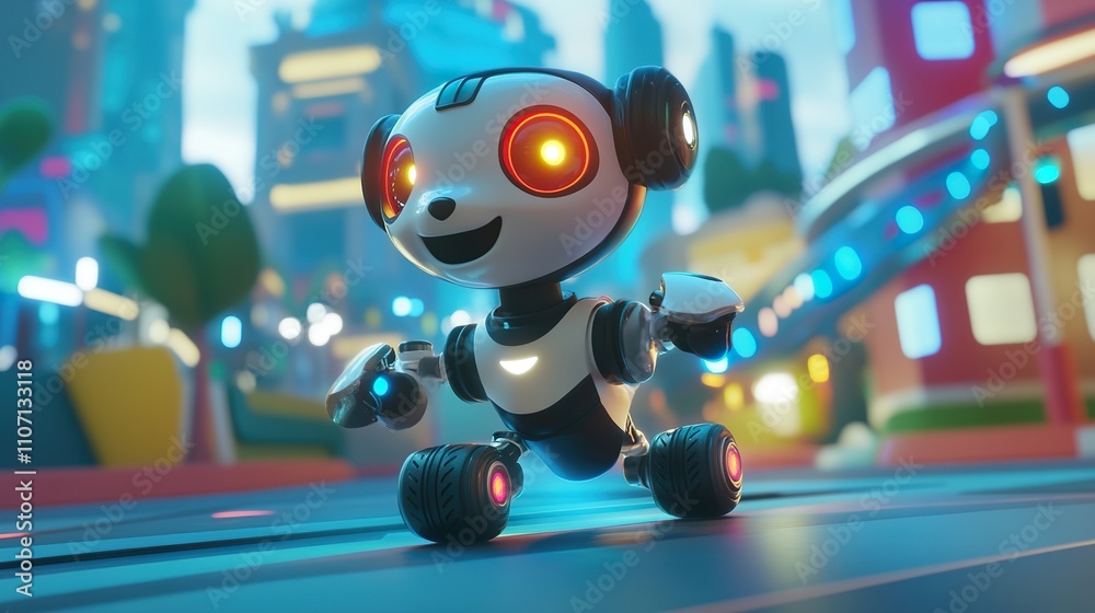 Cute robot panda rolling in futuristic city. Cute robot panda rolling in futuristic city.