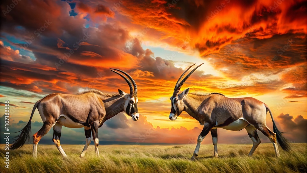 A striking duel unfolds between gemsboks in their natural habitat, highlighted by double exposure photography that beautifully captures wildlife action and nature's splendor. A striking duel unfolds between gemsboks in their natural habitat, highlighted by double exposure photography that beautifully captures wildlife action and nature's splendor.
