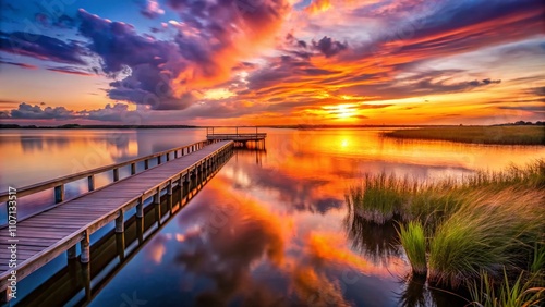 Wallpaper Mural Stunning Sunset at a Dock in the Dunes with Bokeh Effect Capturing the Serenity and Beauty of Nature's Colors Over Water and Sand Torontodigital.ca