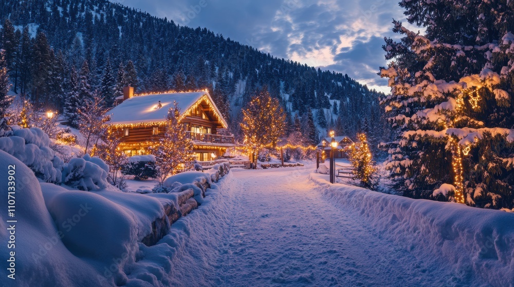 Fototapeta premium Cozy winter cabin illuminated with lights surrounded by snow-covered trees and a serene landscape at twilight in a picturesque mountain setting
