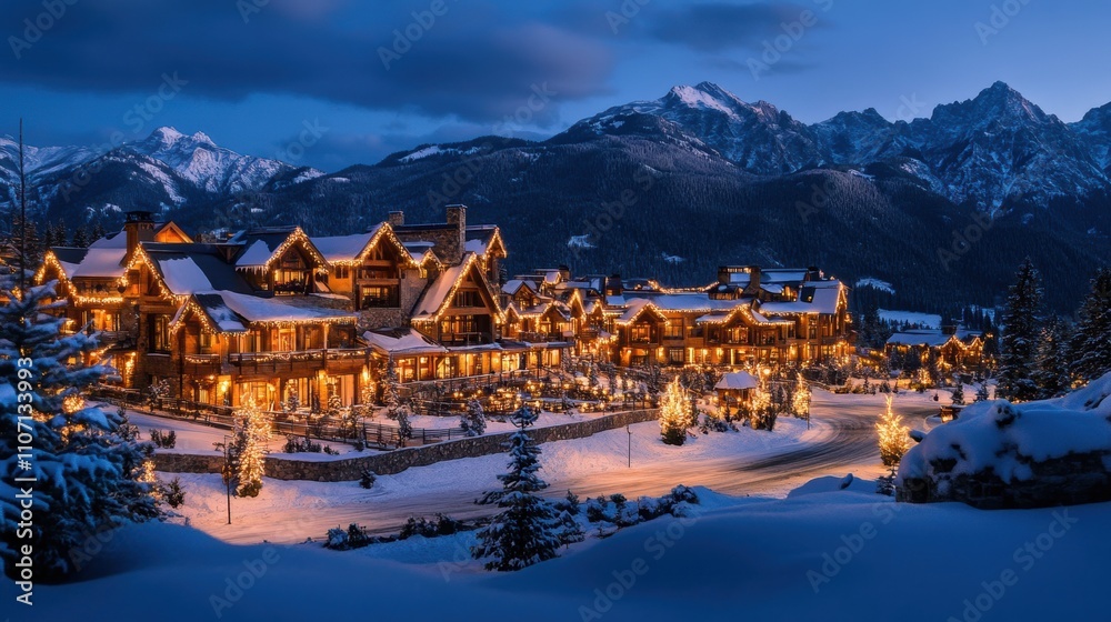 Snowy Mountain Lodge at Dusk with Twinkling Lights and Majestic Peaks in the Background Surrounded by Abundant Snow and Evergreen Trees