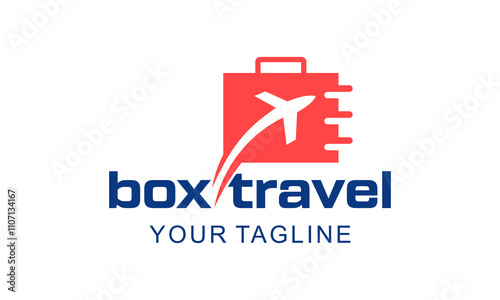 Box travel logo design with airplane and suitcase icon.