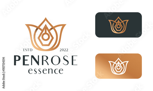 Elegant gold floral logo design on dark and light backgrounds.
