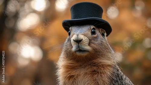 Cute fluffy groundhog in a top hat. Groundhog Day holiday photo