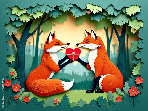 Valentine's day greeting card cute 3d layered paper illustration of fox characters sharing heart shaped gift photo