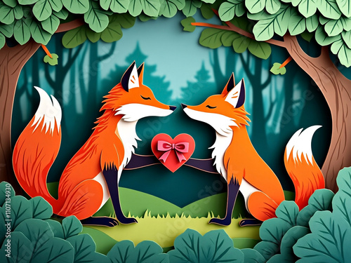 Fox in the forest with heart shaped gift box valentine's day themed greeting card photo