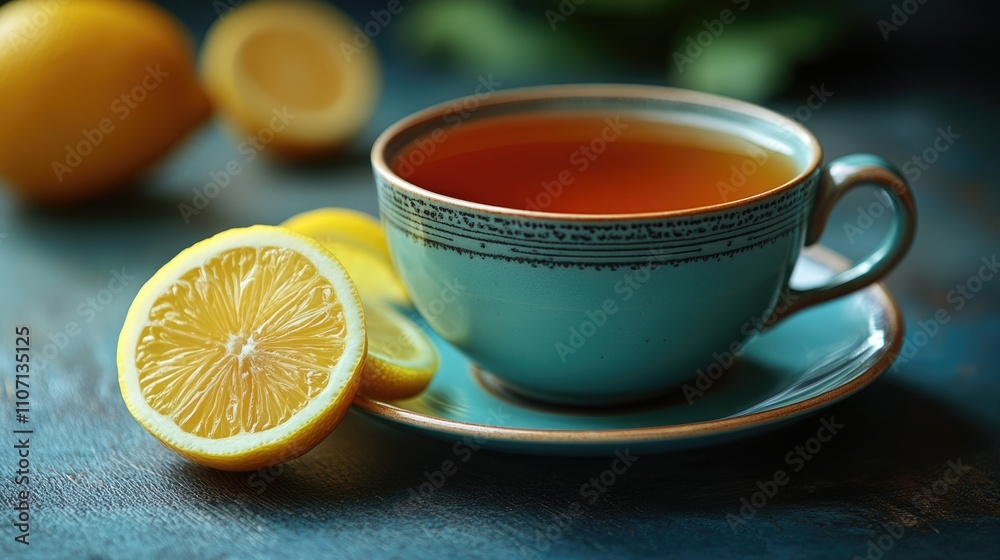 Hot tea with lemon on the table. Cold and flu season concept Hot tea with lemon on the table. Cold and flu season concept