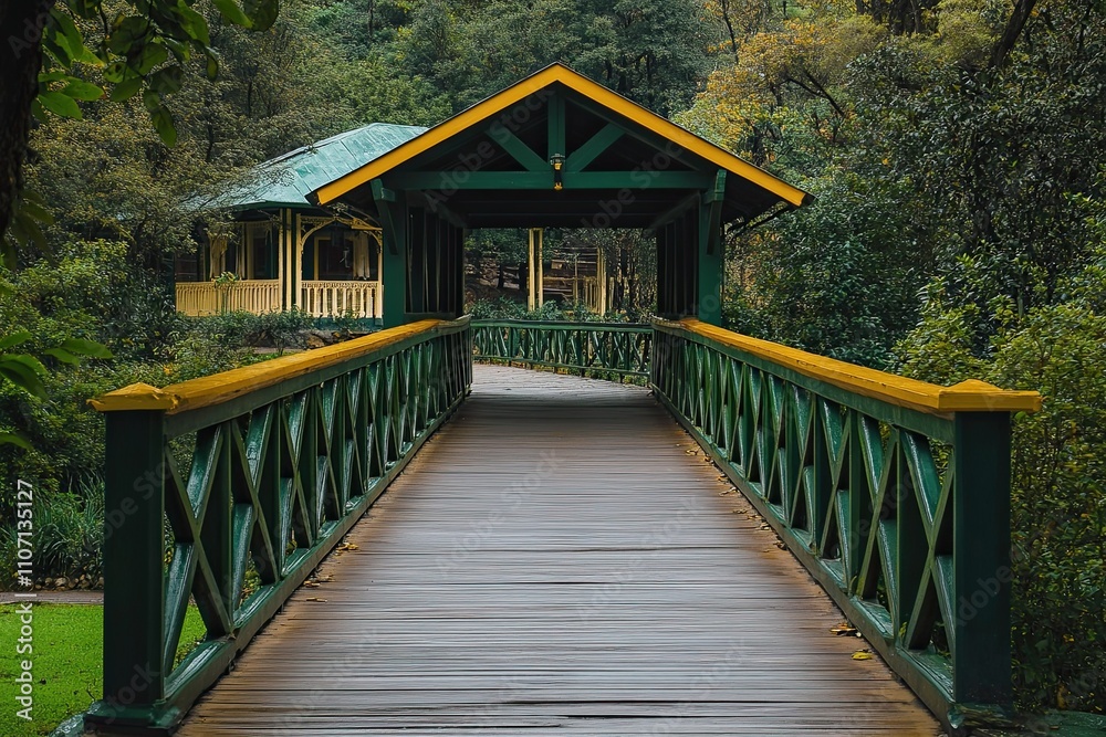 Obraz premium elegant pedestrian bridge covered with green and cream wooden shiny in lodge building 