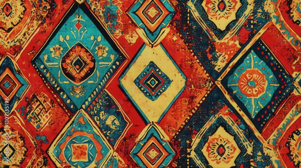 A vibrant boho-style fabric pattern with ethnic-inspired designs, featuring geometric shapes and bright colors like red, turquoise, and gold. A vibrant boho-style fabric pattern with ethnic-inspired designs, featuring geometric shapes and bright colors like red, turquoise, and gold.