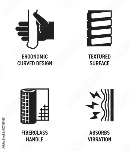 Hand tool icons set - Ergonomic, Textured surface, Fiberglass, Absorbs vibration