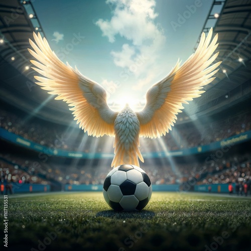 Soccer Angel. A majestic bird with wings outstretched stands on a soccer ball in a stadium. photo