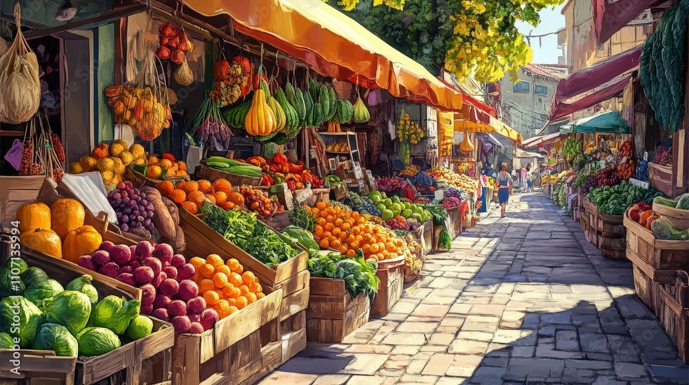 A vibrant market scene with fresh fruits, vegetables, and handmade goods, showcasing a lifestyle centered around healthy living and sustainability.