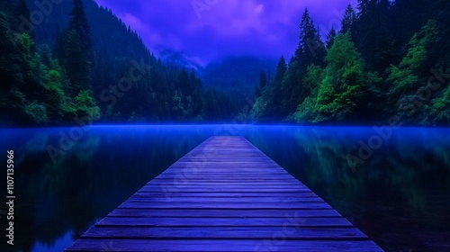 Tranquil Lake Dock Surrounded by Lush Forest Under Moonlight