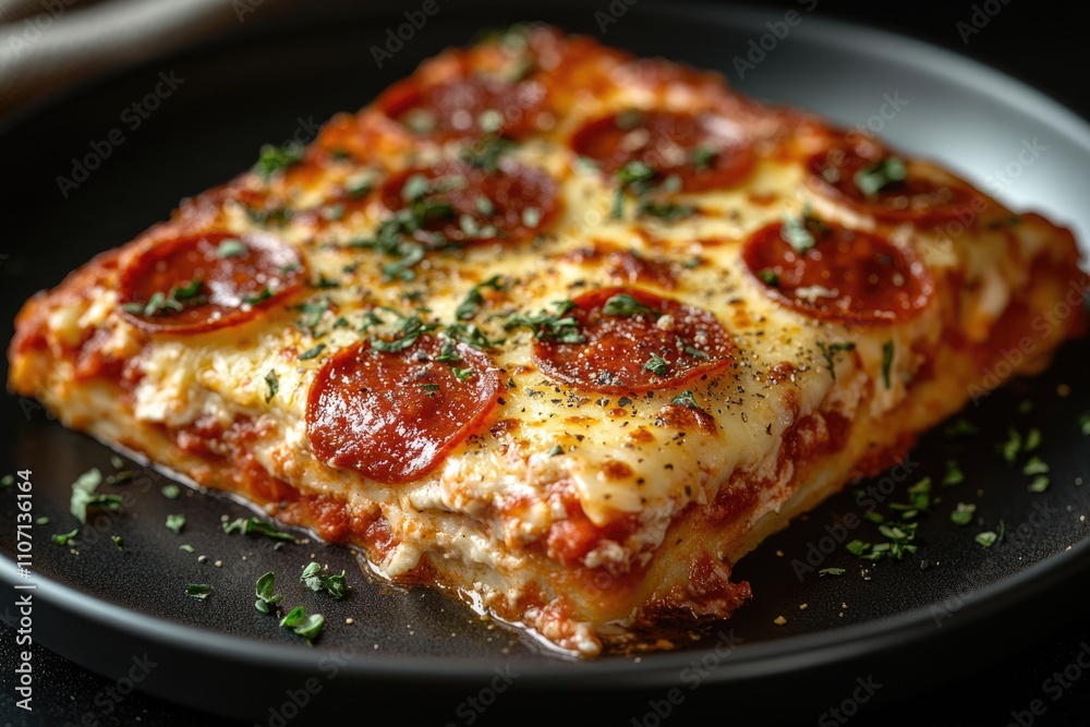 A slice of pizza with melted cheese and salami, a delicious hearty pizza on a plate. A slice of pizza with melted cheese and salami, a delicious hearty pizza on a plate.
