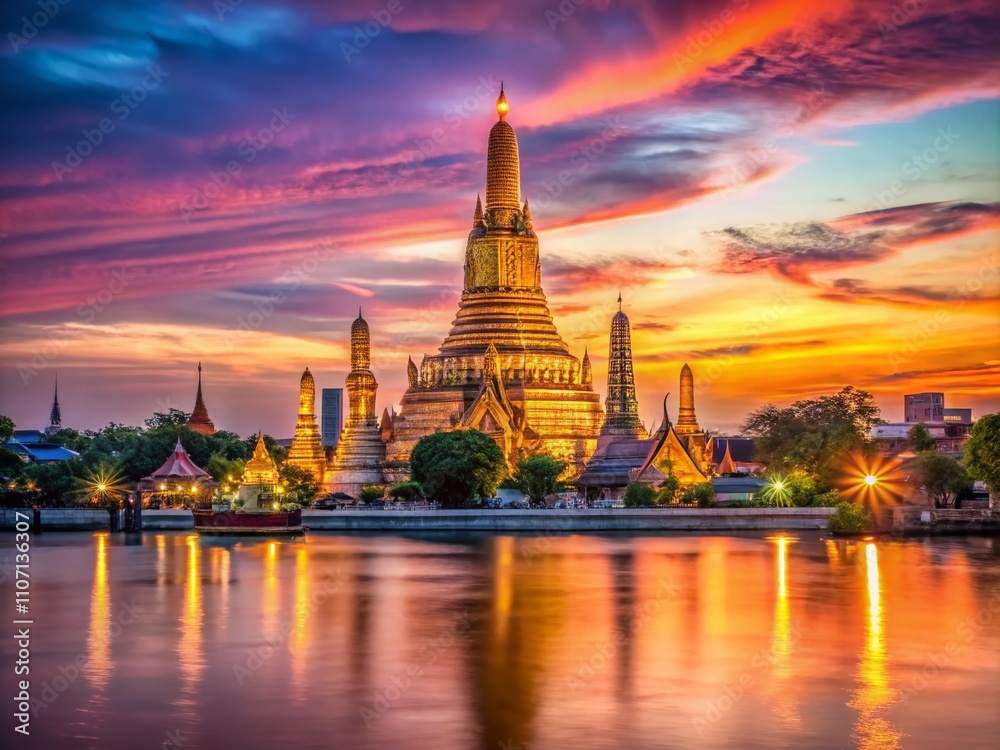 Fototapeta premium Stunning twilight view of Wat Arun Temple illuminated against the Bangkok skyline, showcasing intricate architecture and serene reflections on the Chao Phraya River, Thailand