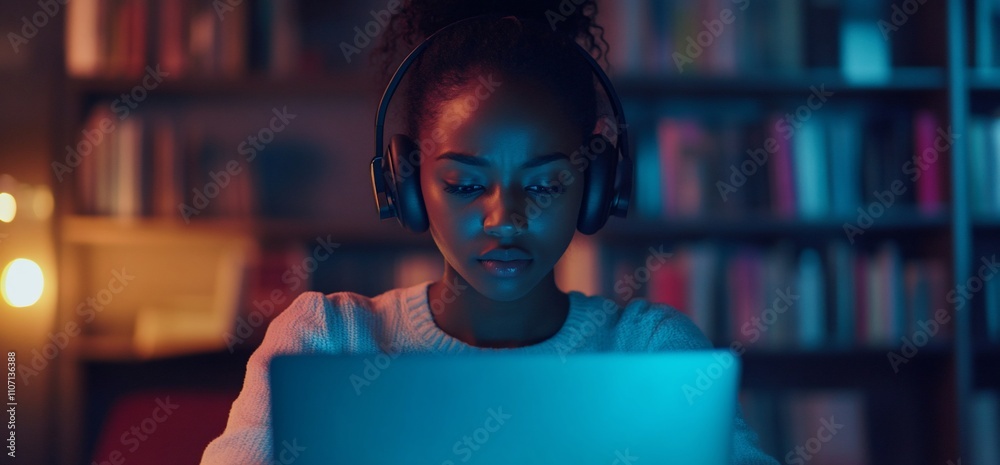 A focused individual using a laptop with headphones in a cozy setting. A focused individual using a laptop with headphones in a cozy setting.