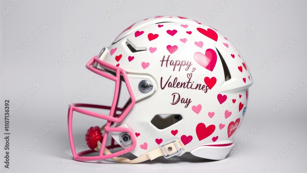 Valentine's Day Football Helmet. White football helmet decorated with pink hearts and
