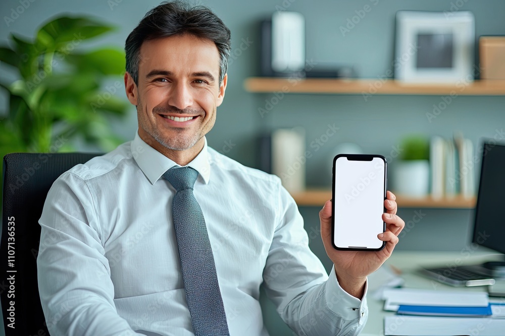 businessman holding an phone with a white screen mockup in his office, close-up view. Web banner with copy space businessman holding an phone with a white screen mockup in his office, close-up view. Web banner with copy space