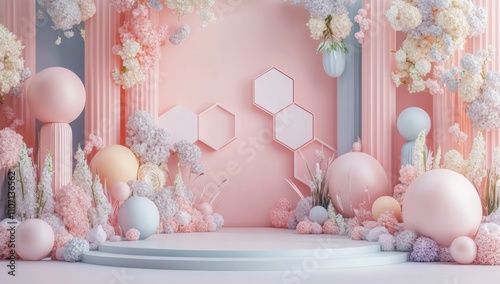 3D render of a wedding stage backdrop wall with hexagonal shapes, pastel colors, flowers, and round elements.