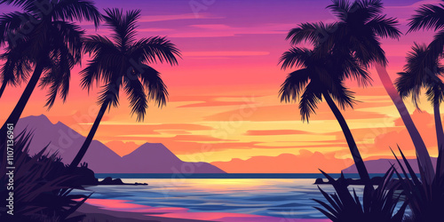 A tranquil tropical sunset with silhouettes of palm trees and gentle waves lapping the shore. The sky is painted with shades of orange, pink, and purple, creating a relaxing vibe.