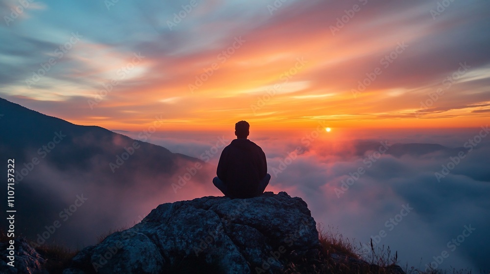 A man sits on a mountaintop, silhouetted against a stunning sunset. A man sits on a mountaintop, silhouetted against a stunning sunset.