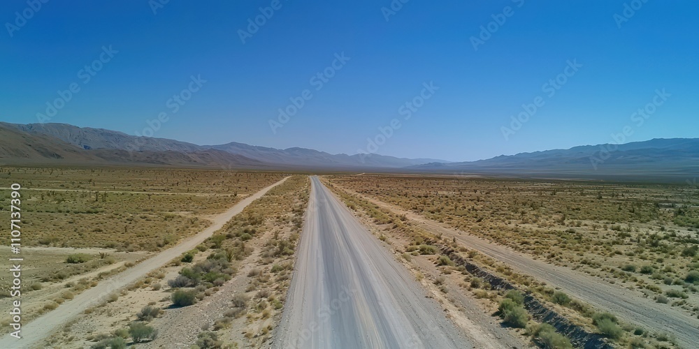 Naklejka premium A long, empty road stretching through a desert landscape under a clear blue sky.