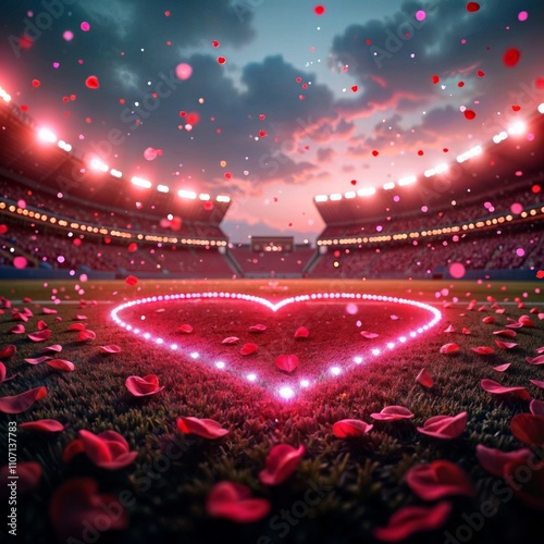 Stadium Valentine's love. A glowing heart shape on a stadium field with falling rose petals and a cheering crowd.