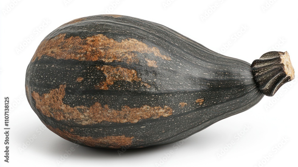 Single dark-hued, speckled, elongated squash, isolated on white background. Single dark-hued, speckled, elongated squash, isolated on white background.