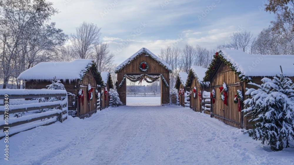 Naklejka premium Snowy Winter Landscape Featuring Rustic Sheds with Christmas Decorations, Festive Wreaths, and a Serene Pathway in a Beautiful Country Setting