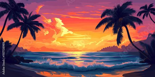 A tranquil tropical sunset with silhouettes of palm trees and gentle waves lapping the shore. The sky is painted with shades of orange, pink, and purple, creating a relaxing vibe.