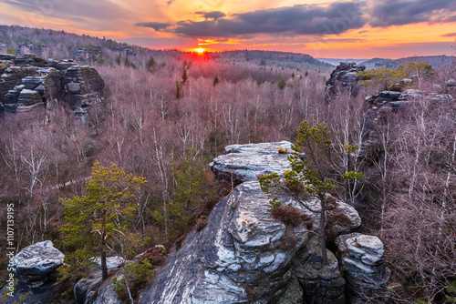 The Tisa Rocks or Tisa Walls in the Elbe Sandstone Mountains of Czech Republic in the late autumn sunset. photo